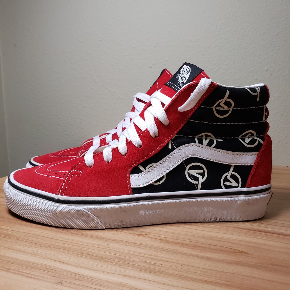 Vans Red, Black & White High-Top Skate Sneakers with Logo Panels